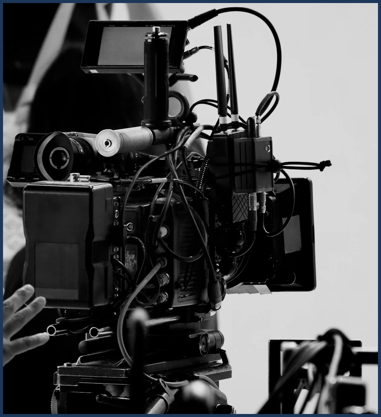 Professional film camera with attached equipment