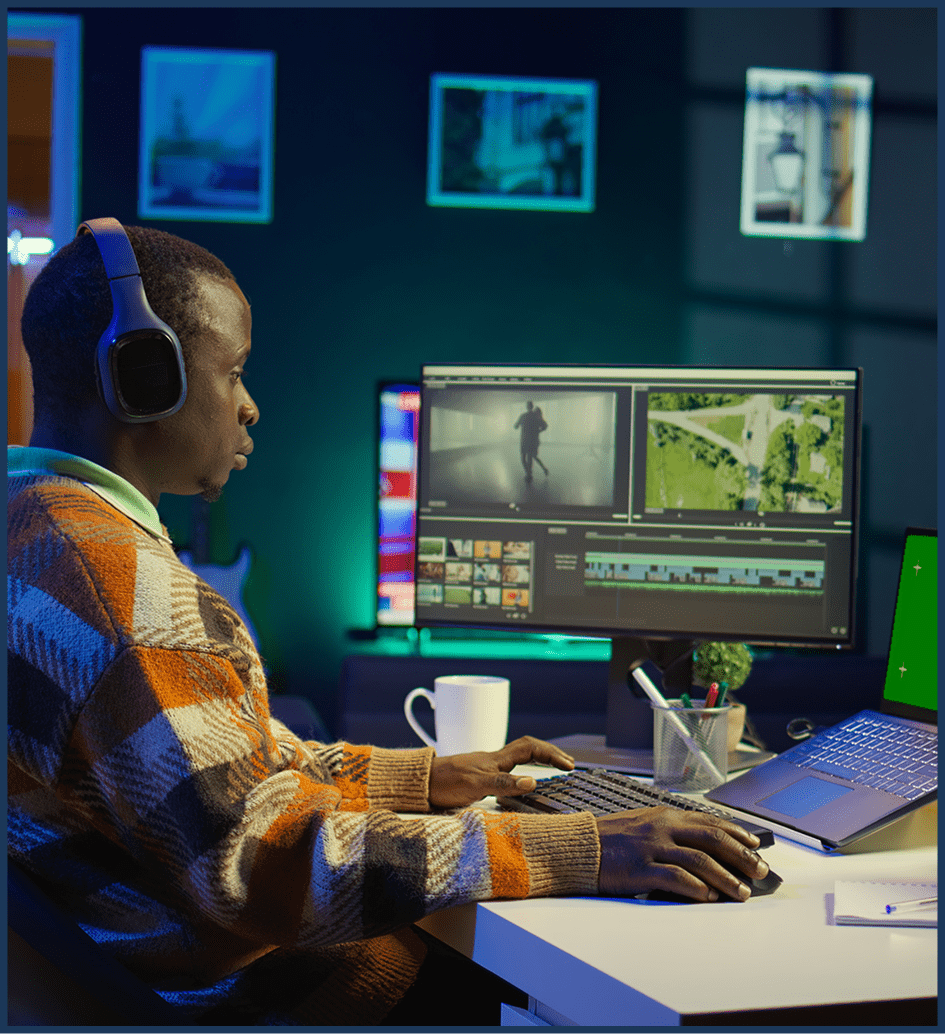 African American man editing film footage