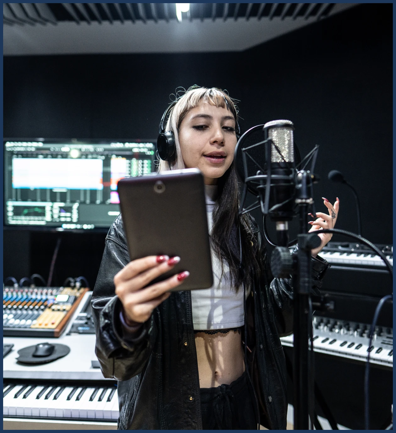 Singer wearing headphones in recording booth